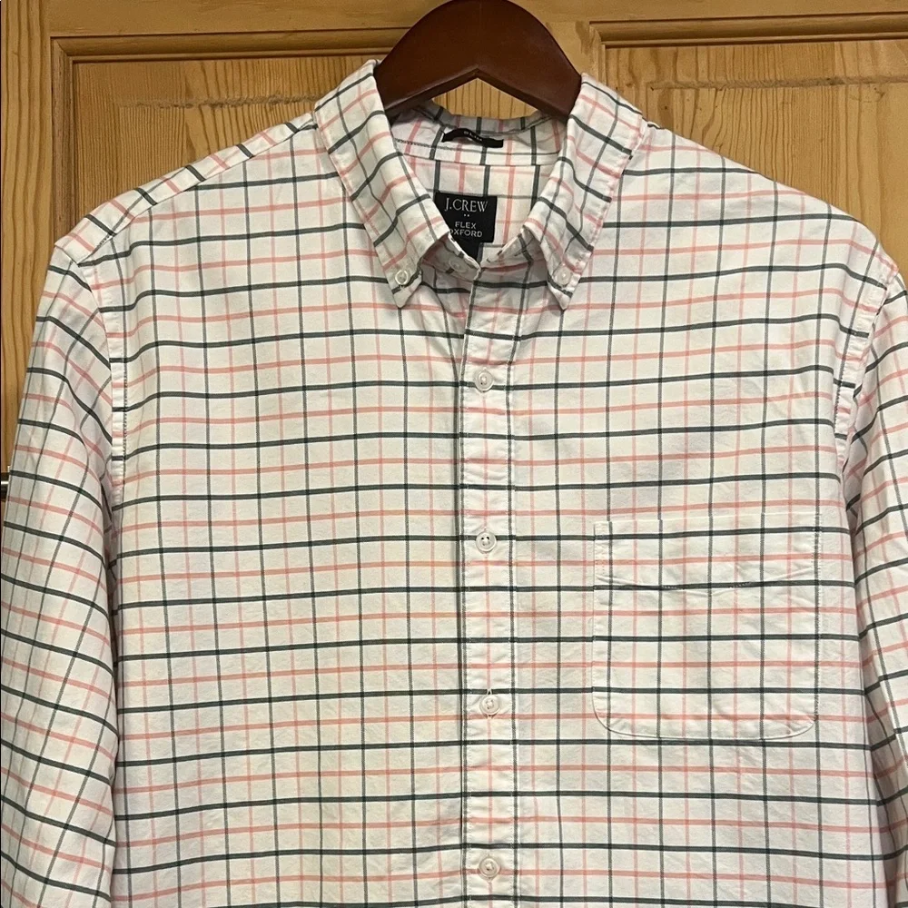 NWOT J. Crew Men's Checkered Shirt - White/ Green and Pink Flex Oxford Sz L